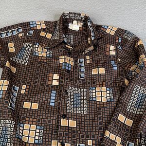 VINTAGE SEARS Disco Shirt Mens XL Brown Blue Button Mens Store King's Road Poly